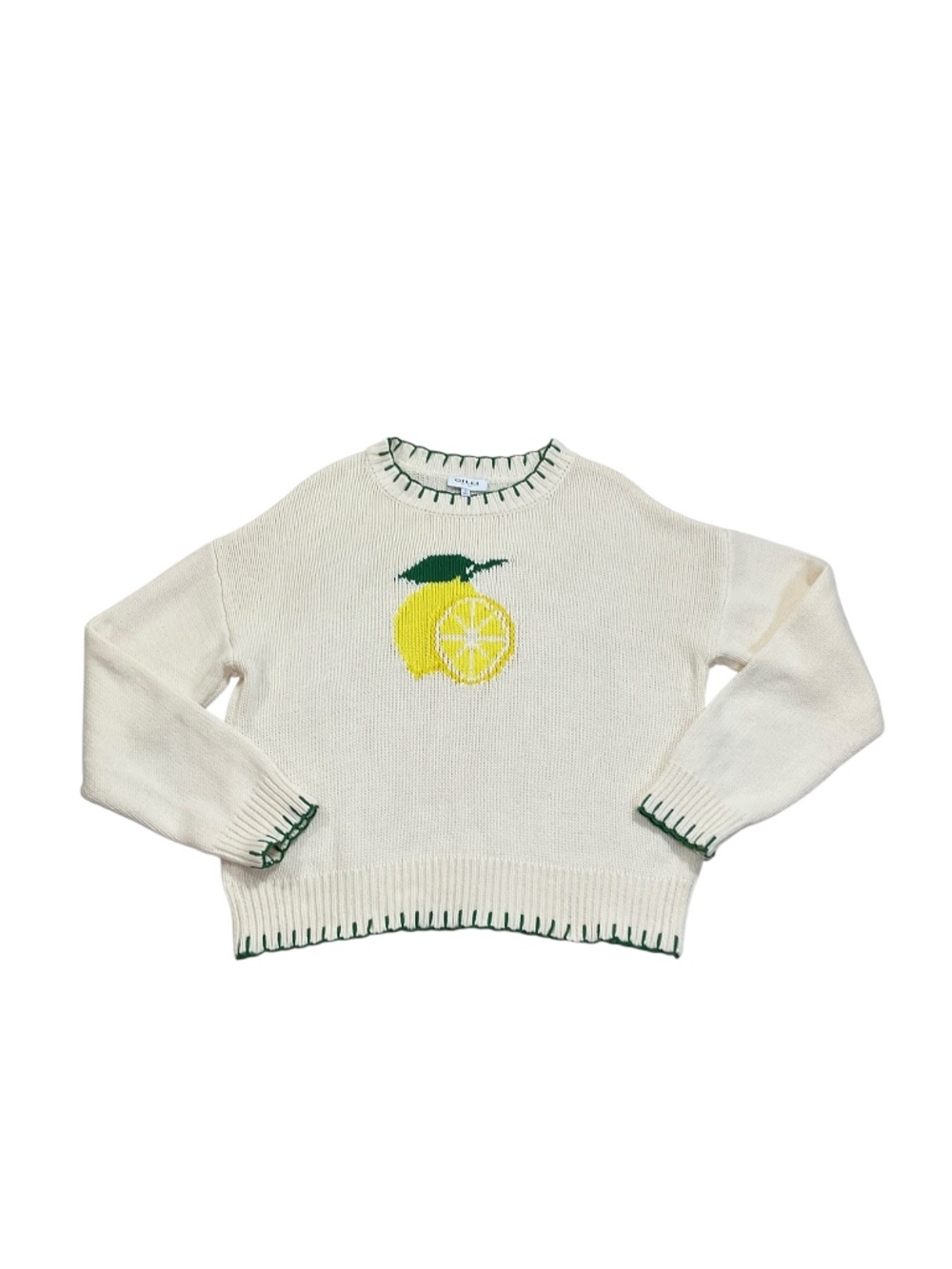 Gilli Lemon Graphic Cream Knit Sweater Green Whipstitch Size Large